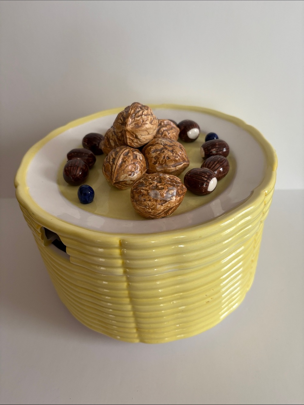 Vtg Mid Century Ceramic Soup Tureen Stacked Plates Illusion Yellow Harvest Nut